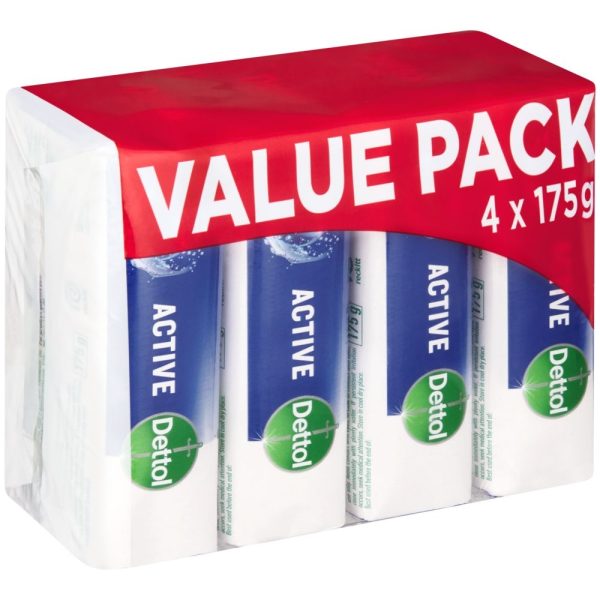 Dettol 4x175g, Hygiene Hand & Body Soap, Active, Bulk Pack