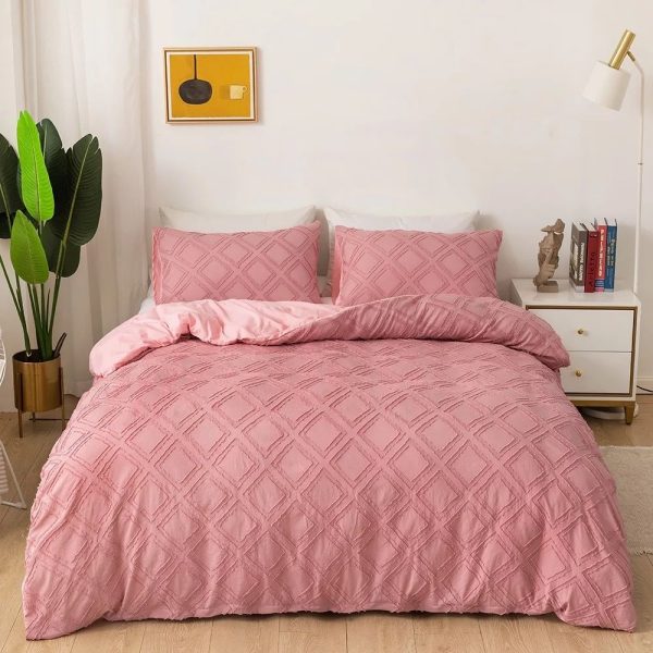 Linen Boutique - Tufted Plaid Plain Duvet Cover Set - Pink - Single