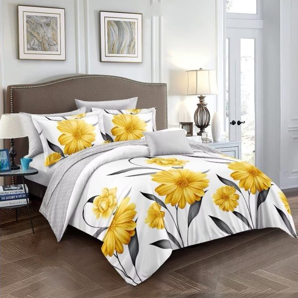 White, Yellow Polyester Flowers 6 Piece Duvet Cover Set