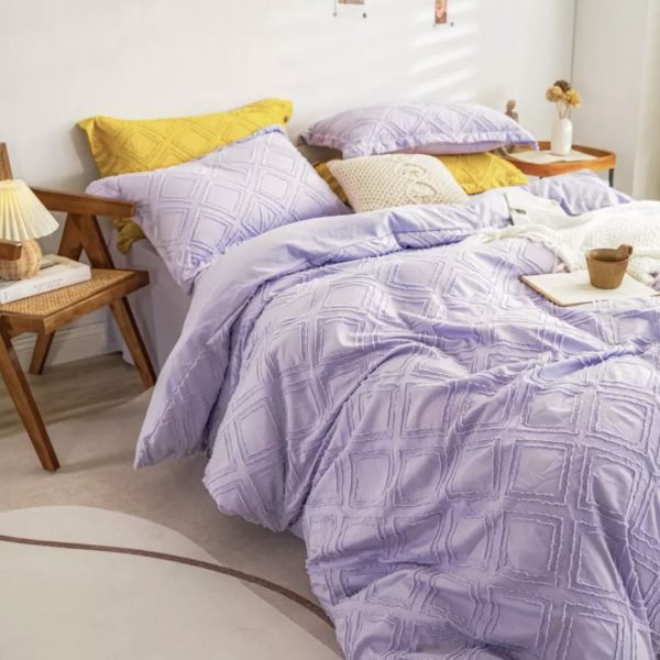 Linen Boutique - Tufted Plaid Plain Duvet Cover set - Purple - King XL