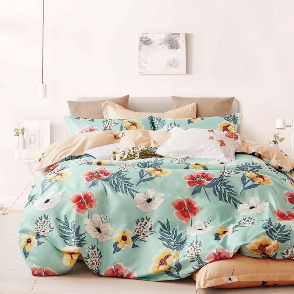 Linen Boutique - Duvet Cover Set Reversible Flowers PaleTurquoise & Peach Puff