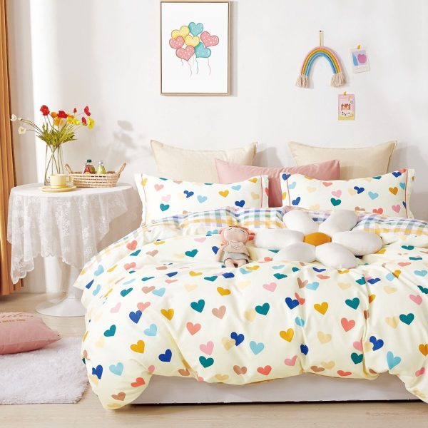 Linen Boutique - Kids Cotton Duvet Cover Set - Colourful Hearts OffWhite - Three Quarter