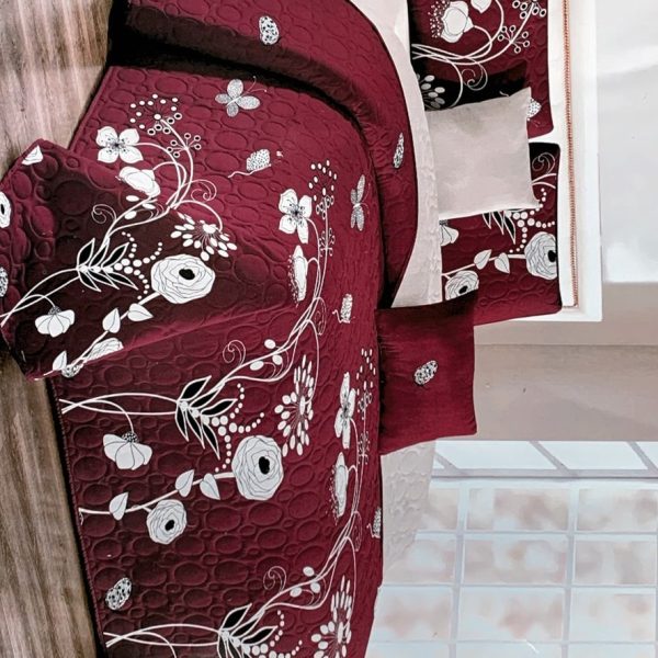 Bedspread Set Queen 5 Piece Microfiber Maroon White Garden