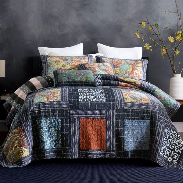 Luxurious Patchwork Bedspreads 100% Cotton Quilted - Midnightblue