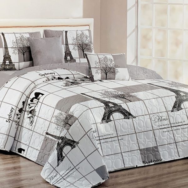 Queen 5 Piece Microfiber Bedspread Set White with Black Tower